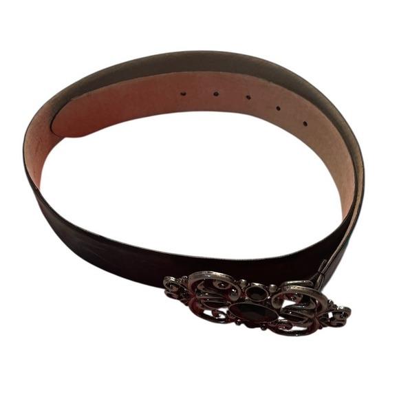 Vintage Black Leather Belt Ornate Silver Stone Buckle Gothic Western Womens 38 - Picture 4 of 8